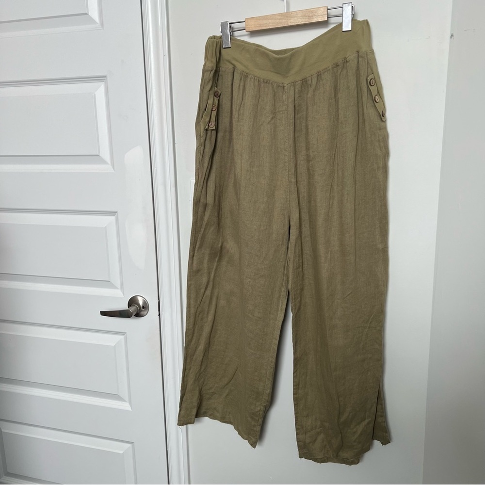 Olive Green 100% Linen Wide Leg Pants 1X High Waist Lightweight Summer Trousers - Picture 5 of 9